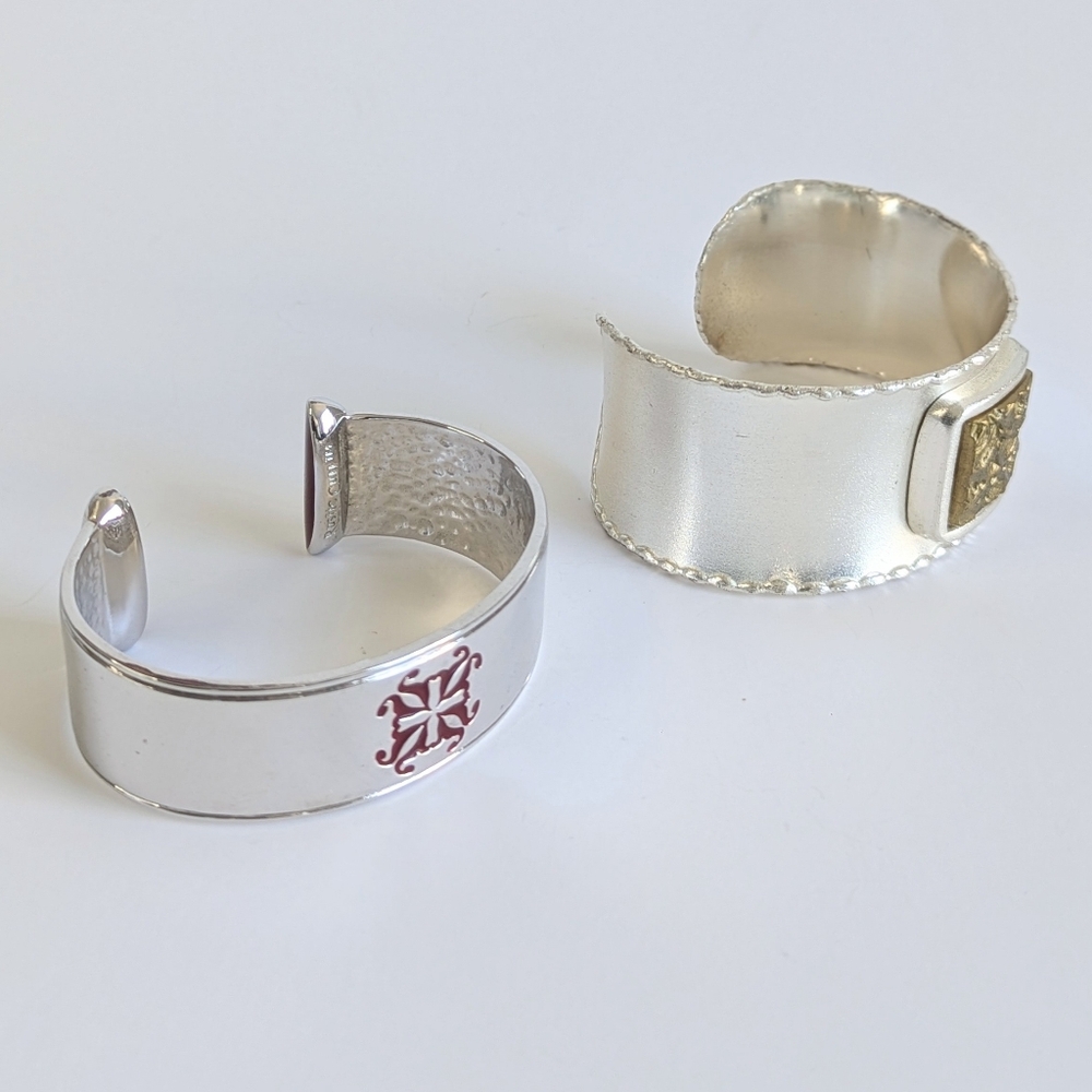 Set/ 2 Rustic Cuff Open Cuff Bracelets Silver Tone Mixed Metal